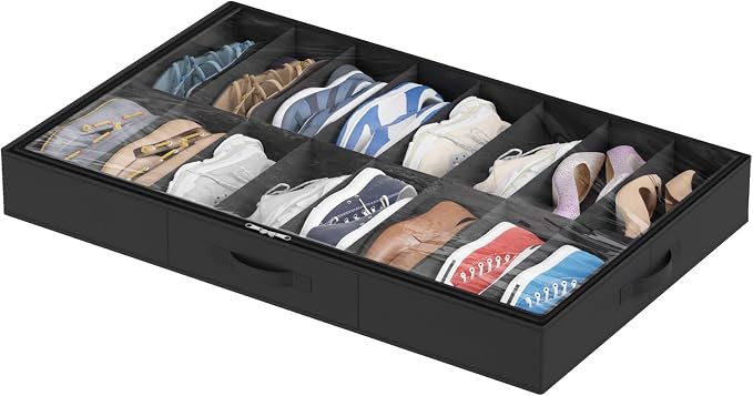 Lifewit Under Bed Shoe Storage Organizer 1 Pack(16 Shoes Cells), 4.3 Inches Profile Fabric Shoes Container Box with Clear Cover, Foldable Storage Bag with 2 Handles, Fits 8 to 16 Pairs by Lifewit
