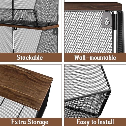 Stackable Fruit Basket for Kitchen Countertop Space Saving, Wall Mounted Mesh Metal Wire Basket with Wood Lid Extra Storage, 2 Pack Kitchen Counter Organizer for Snack, Onion and Potato Storage, White - Image 5