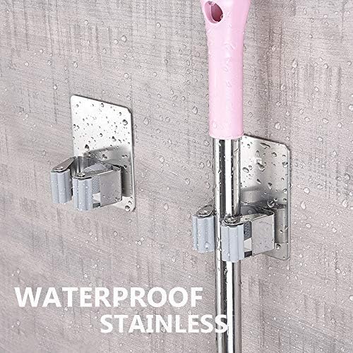 HANZE 2 Pack Stainless Steel Mop Broom Holder Organizer, Self Adhesive Wall Mounted Mop Organizer Storage Rack Clip for Kitchen Bathroom and Garage (Rectangle, Large) - Image 4