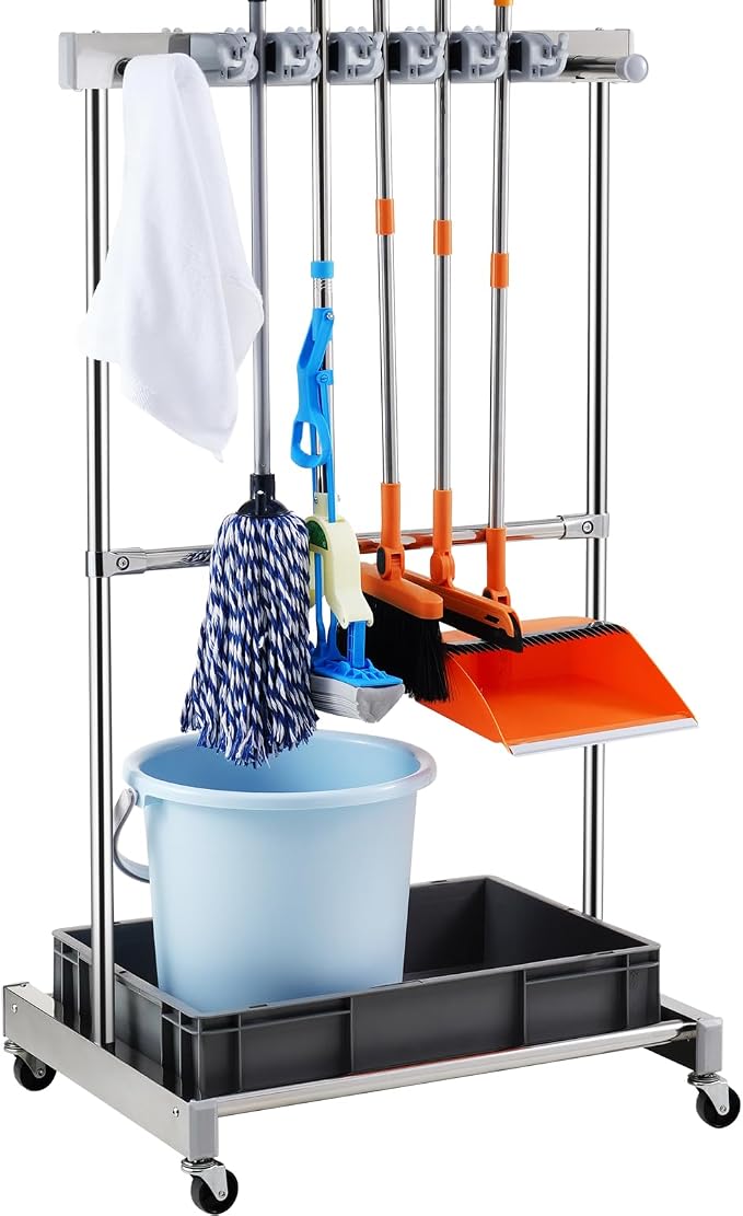 VEVOR Garden Tool Organizer, 10 Slots with Hooks, Yard Tool Tower Rack with Wheels for Garage Organization and Storage, Hold Long-Handled Tool/Rake/Broom, Metal Tool Stand Holder for Shed, Outdoor by VEVOR
