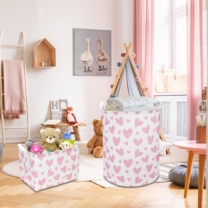 NTAOHAMPER Pink Heart Laundry Hamper, Laundry Basket, Girls Nursery Hamper,Waterproof Storage Bin for Bedroom,Clothes Organizer Basket, Room Decor(Pink Heart) - Image 2