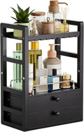 AmazerBath Bamboo Bathroom Counter Organizer, 2-Tier Makeup Organizer with 2 Drawers, Vanity Organizer Storage Coffee Matcha Station, Compact Shelf for Bathroom Kitchen Office Countertop, Black by AmazerBath