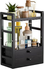 AmazerBath Bamboo Bathroom Counter Organizer, 2-Tier Makeup Organizer with 2 Drawers, Vanity Organizer Storage Coffee Matcha Station, Compact Shelf for Bathroom Kitchen Office Countertop, Black by AmazerBath