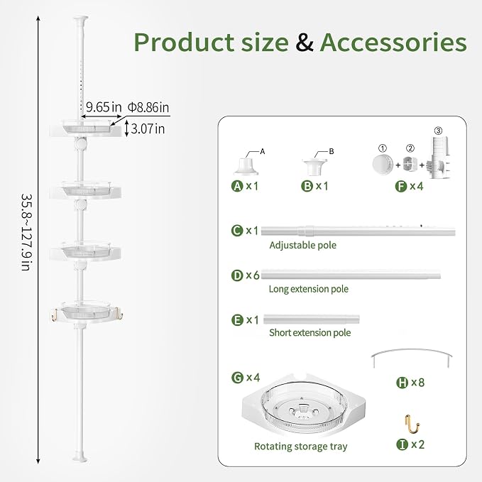 akinbas 360° Rotating Shower Caddy Tension Pole with 4-Tier Rustproof Lazy Susan 35-128 Inch No Drilling Coner Shelves Adjustable Shower Rack for Bathroom Bathtub Washbasin Plant Storage (White) - Image 4