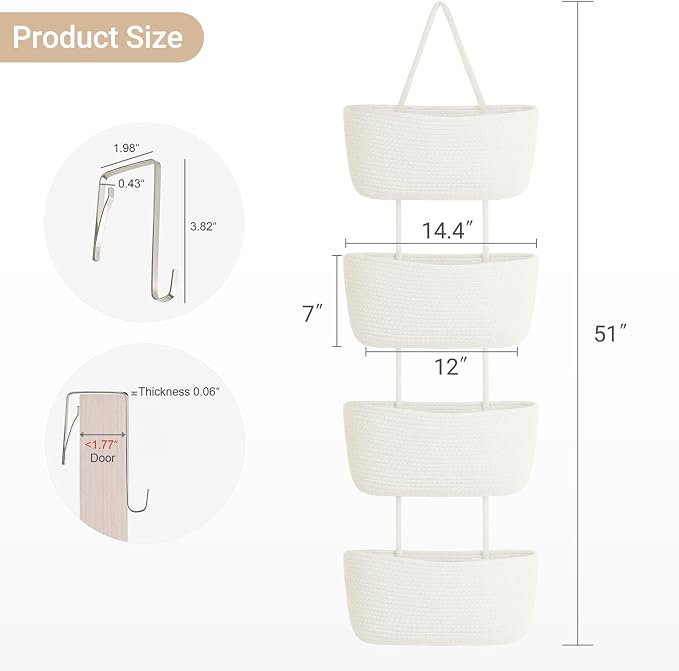Dahey Over The Door Hanging Basket Storage 4-Tier Woven Wall Basket, White - Image 4