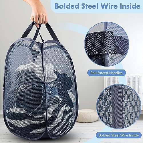 Pop Up Laundry Hamper, 70 L Collapsible Mesh Basket with Side Pocket, Blue - Image 3