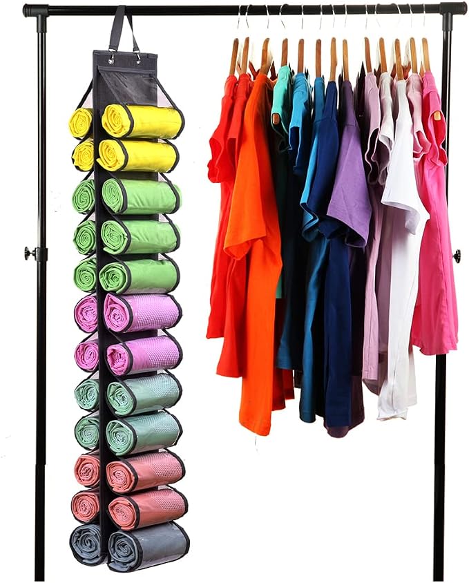 Legging Storage Bag Storage Hanger Can Holds 24 Leggings or Shirts Jeans Compartment Storage Hanger, Foldable Leggings Organizer Clothes Portable Closets Roll Holder (Grey-2) - Image 5