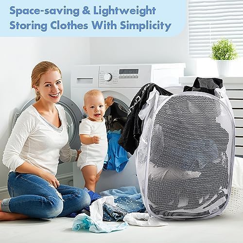 2 Pack Pop Up Laundry Hampers, 70 L Collapsible Foldable Mesh Basket, White - Image 6