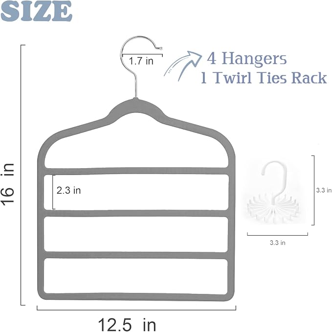 Tinfol Gray Velvet Pants Hangers Space Saving, 4pc Non-Silp Pant Hanger, Jeans Slack Trousers Hangers, Multi Layer Clothes Hanger Closet Organizer Perfect for Pants,Trouser,Jeans - Image 2