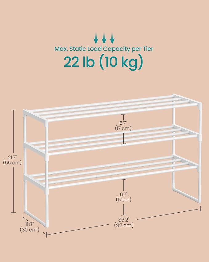 SONGMICS Shoe Rack, 3-Tier Shoe Organizer, Metal Storage Shelf | for Entryway, Upright or Upside Down, for 16-20 Pairs, Stackable, 11.8 x 36.2 x 21.7 Inches, Pearl White ULSA303W03 - Image 3