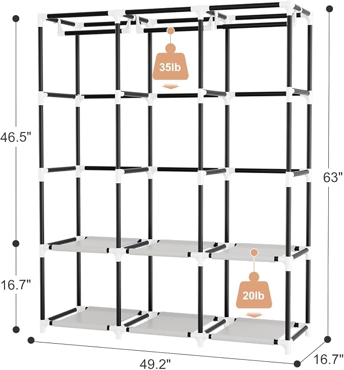 Portable Closet with Cover, 3 Hanging Rods and Side Pocket, Sturdy Free Standing Closet, Grey - Image 3