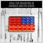 HORUSDY Wall Mounted Storage Bins Parts Rack 30PC Organizer Garage Plastic Shop Tool for Men's Gift, Blue,Orange,Red - Image 3