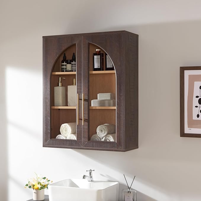Bathroom Wall Cabinet, 23.5×31.4'' Storage Cabinet, Arched Cabinet Wall Mount with Adjustable Shelf & Glass Doors, Medicine Cabinet for Laundry Room, Bathroom, Kitchen, Living Room, Brown, 3 Pieces - Image 5