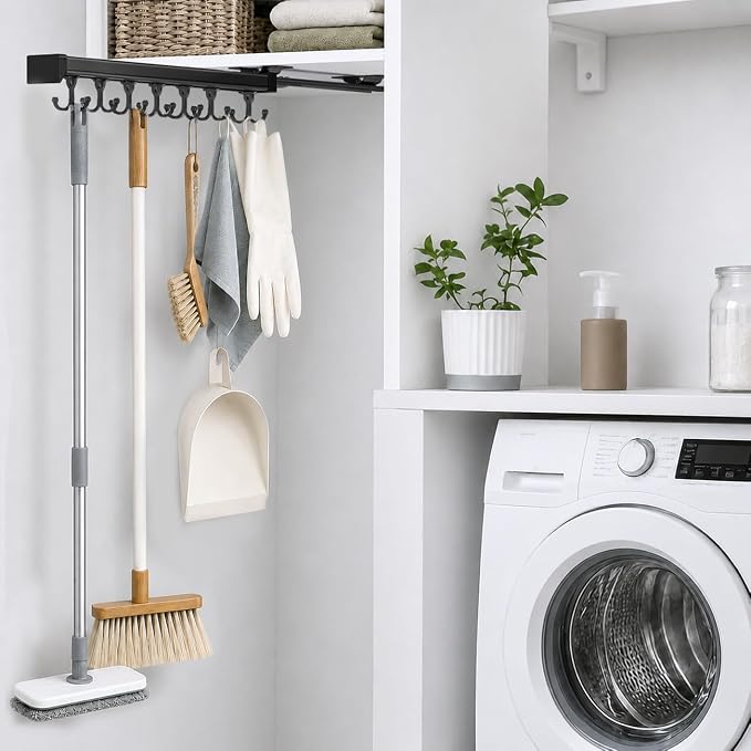 Pull Out Broom Holder With Adjustable Double Row Sliding Hook, Multifunctional Slide Broom And Mop Storage/Organizer Garage Organization Hooks, for Closet Laundry - /16.14inch by PrimZootyDesign