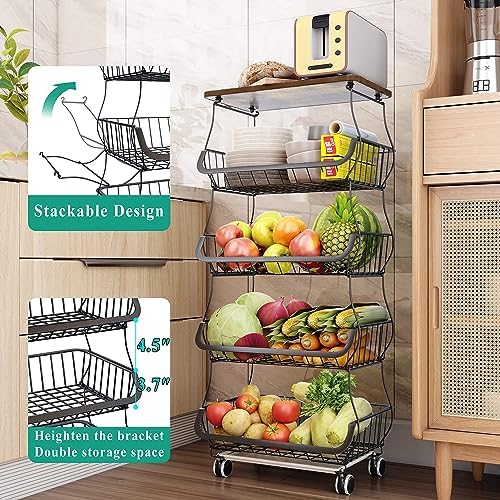 SAYZH 5-Tier Fruit and Vegetable Basket Stand for Kitchen, Wood Top, Black - Image 3