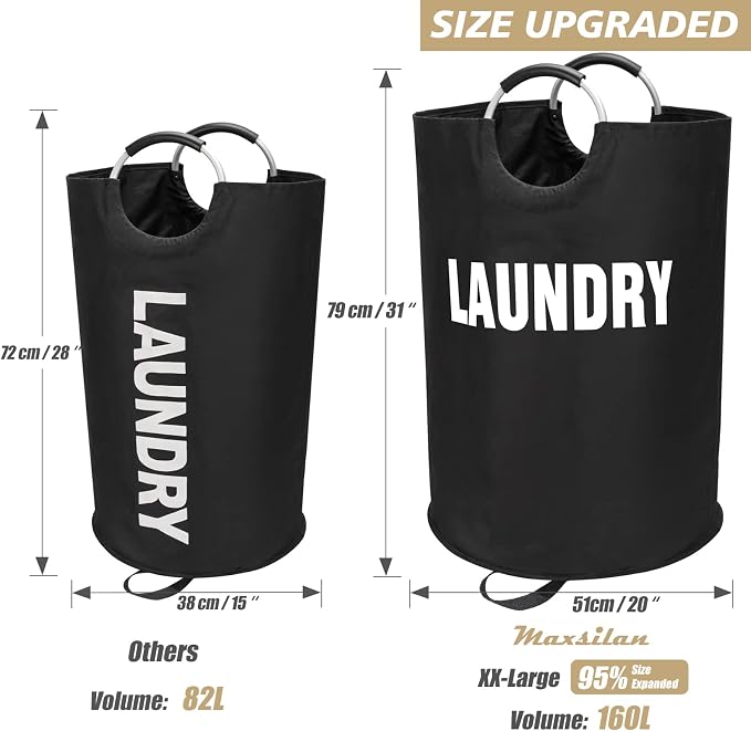 Maxsilan 160L XX-Large Laundry Basket Bag, Collapsible Tall Hamper, Black - Image 3