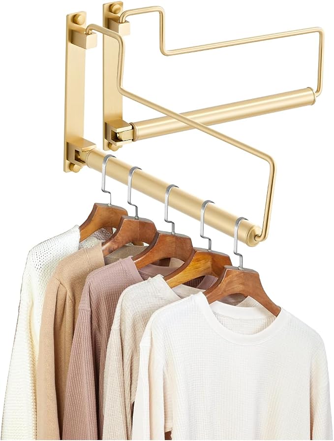 NEWRAIN Clothes Drying Rack, Laundry Racks for Drying Clothes, Wall Mounted Swing Arm Clothes Hanger for Laundry Room, Garage, Indoor & Outdoor Use,Brushed Gold by NEWRAIN