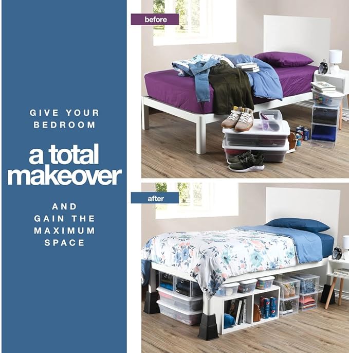 Home It Adjustable Bed Risers - Elevation in 3, 5 or 8 Inch - Heavy Duty Stackable Furniture Risers Supports 1,300 lbs - for Under-Bed Storage, College Dorms, Table and Couch, 4 Pack Bed Lifts Black - Image 6