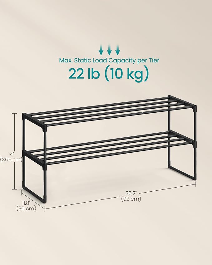 SONGMICS Shoe Rack, 2-Tier Shoe Organizer, Metal Storage Shelf | for Entryway, Upright or Upside Down, for 12-15 Pairs, Stackable, 11.8 x 36.2 x 14 Inches, Black ULSA12BK - Image 3