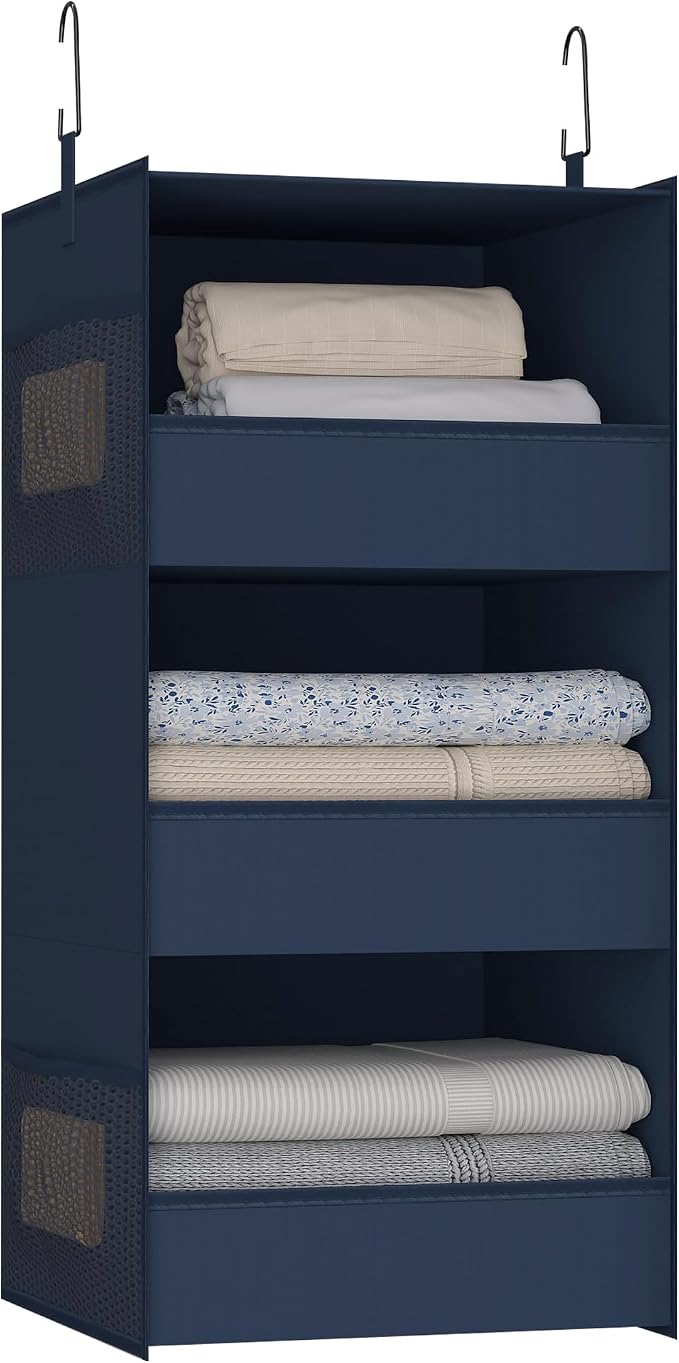 3-Shelf Hanging Closet Organizer and Storage, Foldable Hanging Closet Shelves Front Lip Design Washable Hanging Storage, Navy Blue by Bosuelife