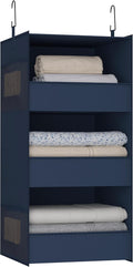3-Shelf Hanging Closet Organizer and Storage, Foldable Hanging Closet Shelves Front Lip Design Washable Hanging Storage, Navy Blue by Bosuelife