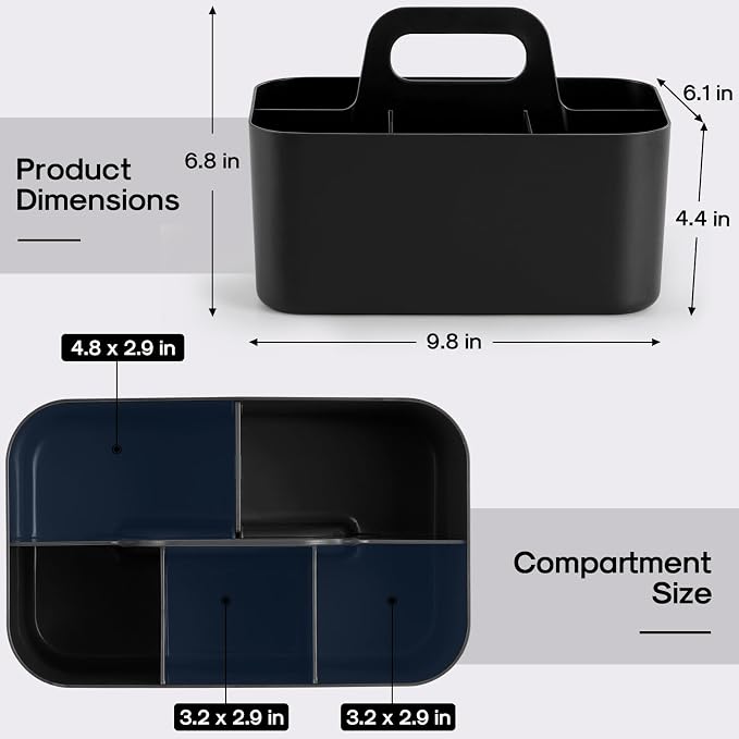 Multiuse Caddy Organizer with Handle, Portable Divided Plastic Tote Bin - Art Craft, Stationary Pen Marker Crayons, Makeup Hair Supplies Storage - Bathroom, Classroom, Dorm, Office, Desk Holder -Black - Image 5