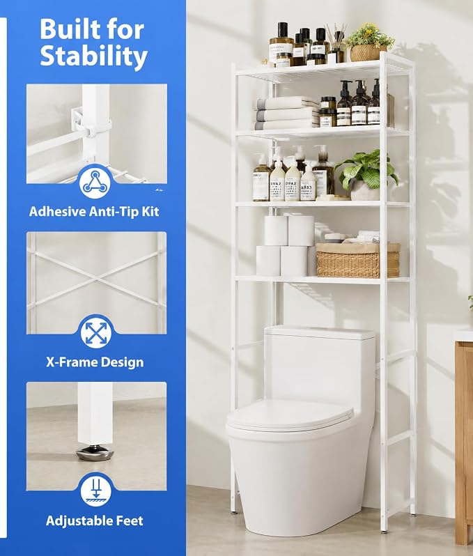 4-Tier Over The Toilet Storage Rack, Bathroom Organizer with One-Piece Metal Mesh Shelves, Over Toilet Shelf with Adjustable Feet & Anti-Tip Kit, Space-Saving Bathroom Storage, White - Image 4