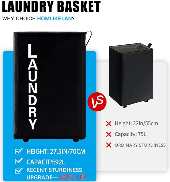 92L Extra Large Rolling Laundry Basket with Leather Handle,Tall Laundry Hamper on Wheels,Laundry Bin,Rolling Laundry Cart Black - Image 2