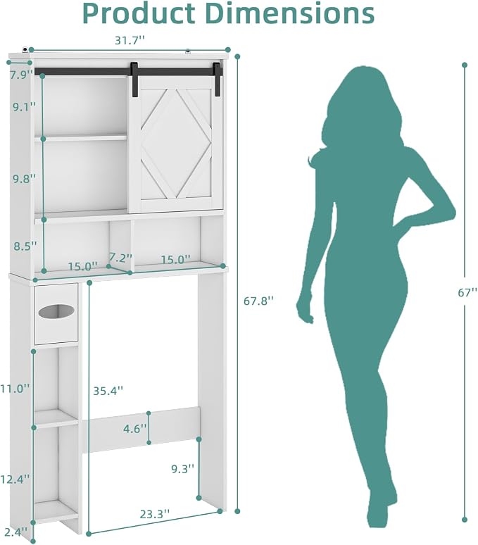 Over the Toilet Storage Cabinet with Farmhouse Sliding Barn Door, Above Toilet Organizer with Toilet Paper Holder Stand, Behind Toilet Shelf, Space Saver for Restroom, Bathroom, Laundry, White - Image 2