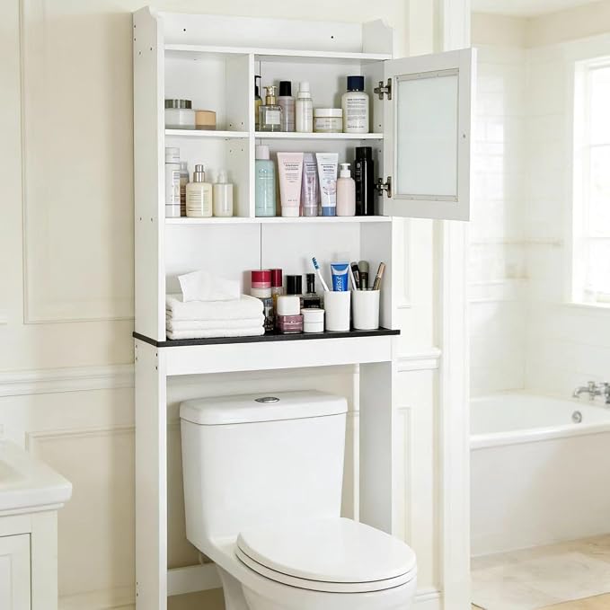 ZENY Over The Toilet Storage Cabinet, Bathroom Organizer with Adjustable Shelf and Double Doors, Freestanding Bathroom Space Saver Toilet Rack (White) - Image 6