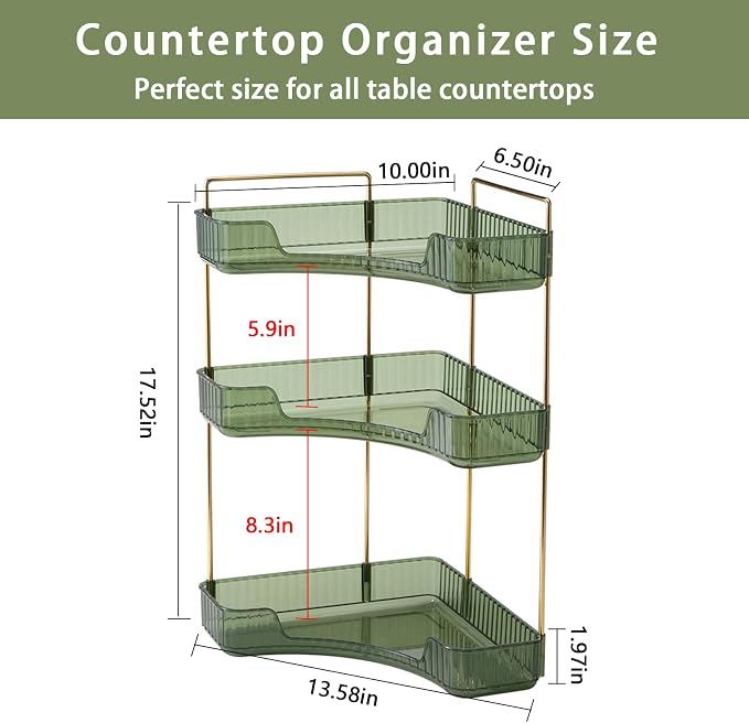 shuang qing 3-Tier Corner Bathroom Counter Organizer – Classic Storage Shelf for Makeup, Perfume & Toiletries, Space-Saving Countertop Tray Fits Bathroom, Dresser, Kitchen (Sage Green) - Image 2