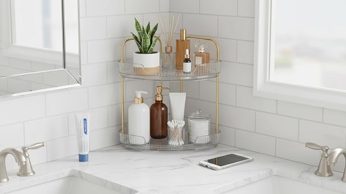 2-Tier Acrylic Corner Bathroom Organizer, 9" x 9" x 11" Large Round Countertop Shelf with Handle, Clear Acrylic Skincare & Makeup Storage Tray, Waterproof Vanity Organizer for Kitchen & Dresser - Image 4