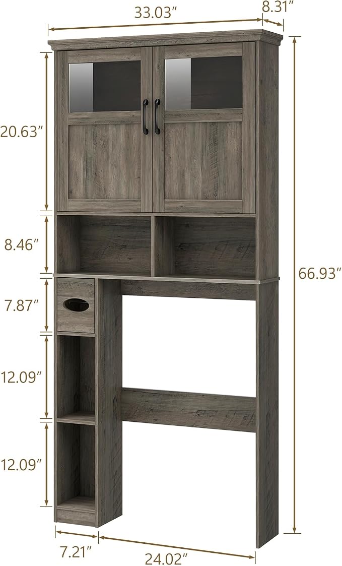Vabches Over The Toilet Storage Cabinet with Doors & Paper Holder, Grey - Image 2