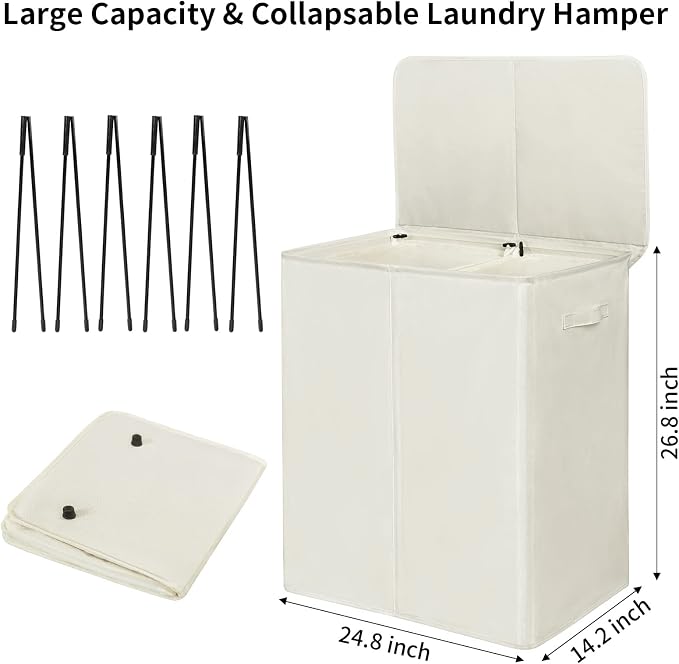 WOWLIVE 154L Double Laundry Hamper 2 Section with Lid and Removable Bags - Image 5