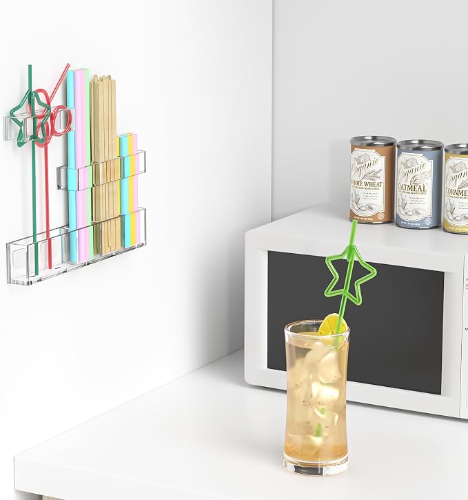 Acrylic Straw Organizer for Cabinet Door - 9.5'' Large Transparent Adjustable 3-Part Reusable Drinking Straw Holder Dispenser Kitchen Accessories Container Cupboard Door Mounted - Image 2
