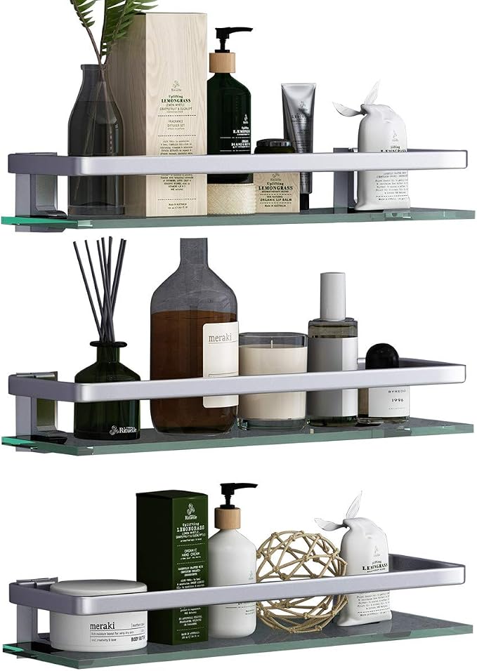 VOLPONE Bathroom Wall Shelf 15.7in Bathroom Glass Shelves Wall Mount Glass Shelf Rustproof Bathroom Wall Organizer 3 Tier (Sliver) - Image 7
