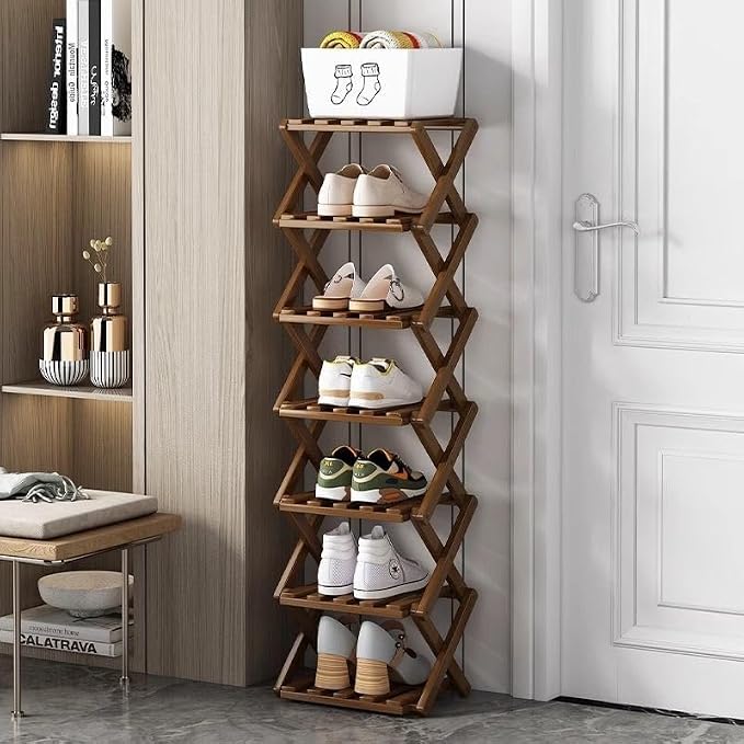 7 Tier Foldable Shoe Rack, Bamboo Vertical Shoe Organizer Tall for Multifunctional Narrow Shoe Shelf for Entryway, Closet, Corner, Bedroom, Hallway(Brown) by XZXWZX