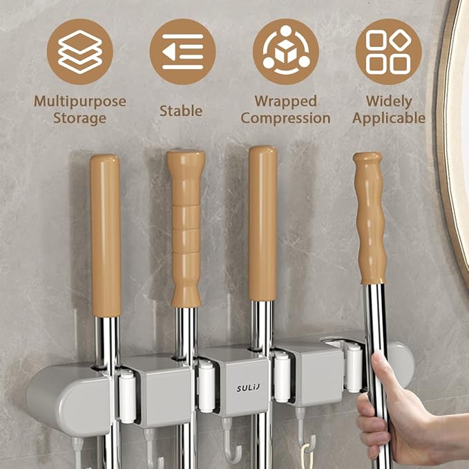 2Pcs Broom Holder Wall Mount, No-Drilling Self-Adhesive Mop and Broom Storage Rack with Hooks (4 Racks with 5 Hooks), Wall-Mounted Broom Hanger for Bathroom, Kitchen, Closet, Garage (Grey) - Image 5