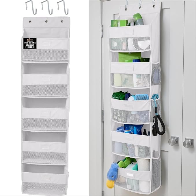 GORILLA GRIP Over The Door Organizer Storage, 5 Deep Hanging Shelves, Holds 50lbs, Closet Organizers Shelf for Bedroom, Shoes, Bathroom, Nursery, Dorm Essentials, 3 Metal Hooks, 58x15 Inches, White by Unknown