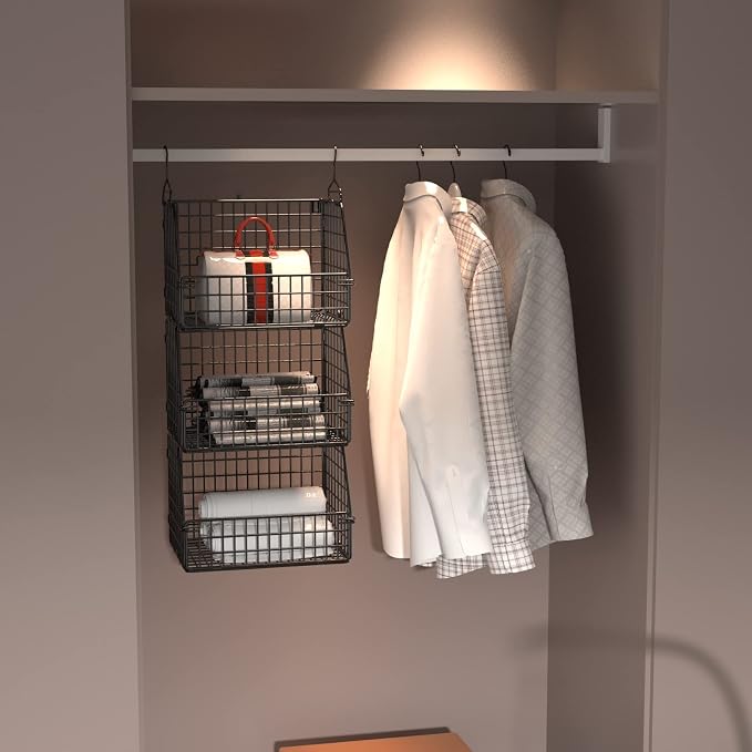 PUPPYCUTE Stackable Wire Storage Baskets for Kitchen Closet Pantry, Hanging Closet Organizers Storage Shelves Organization, Wall Mount Metal Basket Bins, Clothing Vegetable & Fruit Organizer 3 pcs - Image 2
