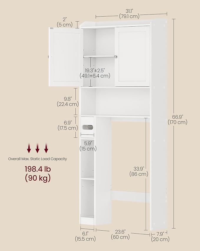 VASAGLE Over the Toilet Storage Cabinet, Doors, Adjustable Shelves, 31.1''W - Image 3