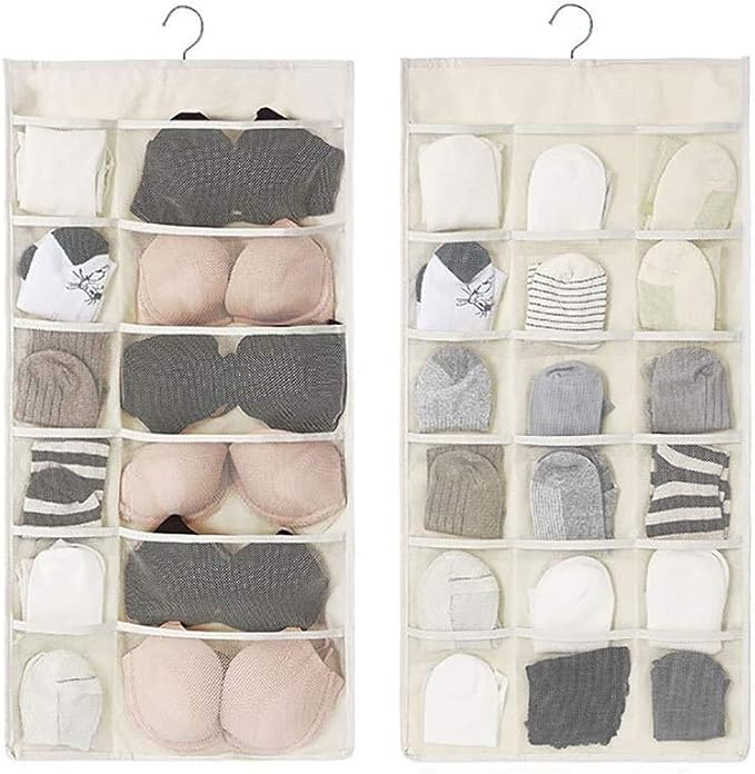 Closet Hanging Organizer with Mesh Pockets & Rotating Metal Hanger,Dual Sided Wall Shelf Wardrobe Storage Bags,Oxford Cloth Space Saver Bag for Bra Underwear Underpants Socks (white) by Newraturner