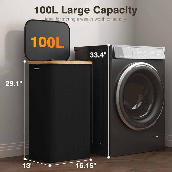Bathola Laundry Hamper with Lid, Laundry Basket with Removable Bag, Black - Image 2