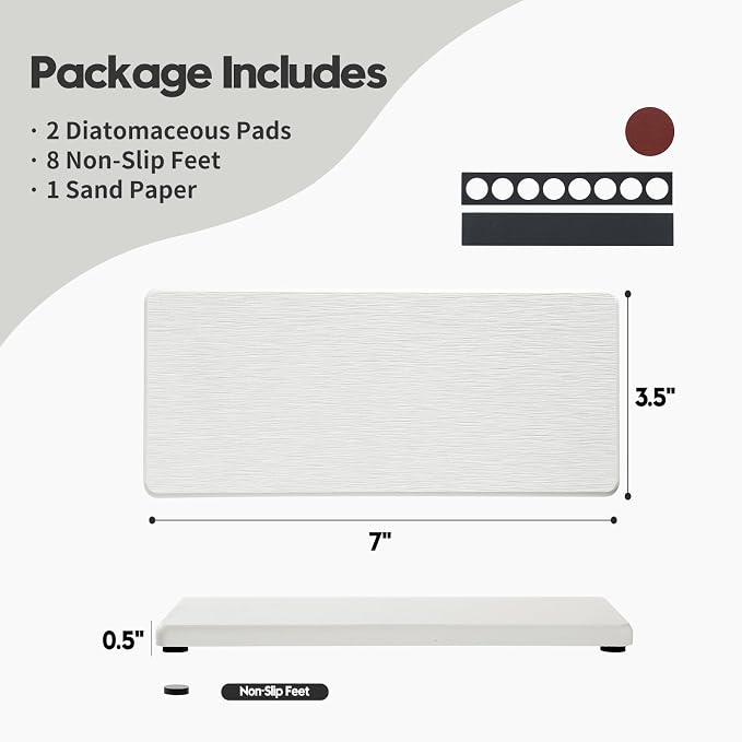 2PCS 7"x3.5" Water Absorbing Bathroom Sink Vanity Trays, Diatomite Stone Quick Drying Mat for Kitchen Counter, Dish Rack Dispenser Sponge Holder Caddy Organizer, White, 7"x3.5" - Image 2