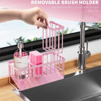 Cisily Pink Kitchen Sink Caddy Organzier with High Brush Holder, Sponge Holder for Sink, 304 Rustproof Stainless, Kitchen Countertop Soap Dispenser Organizer - Image 3