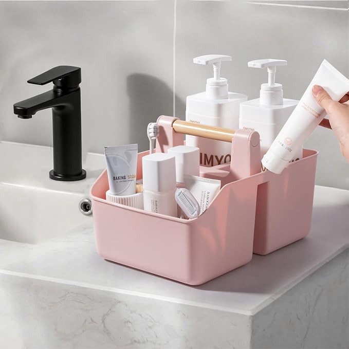rejomiik Plastic Shower Caddy, Portable Basket with Bamboo Handle, Pink - Image 3