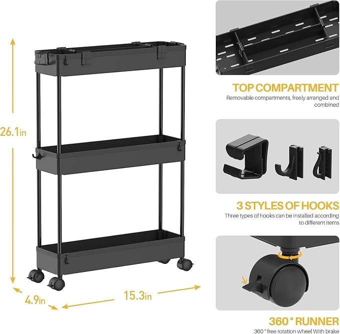 SPACELEAD 2-piece Set Slim Storage Cart 3 Tier,Bathroom Organizer Rolling Utility,Mobile Shelving Unit Slide Out for Office, Kitchen, Laundry Room & Narrow Places - Image 2