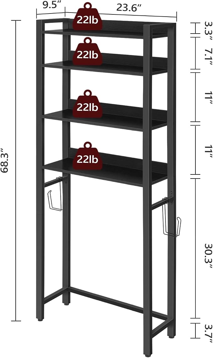 MAHANCRIS Over The Toilet Storage Rack, 4 Tier Bathroom Organizer Over Toilet, Freestanding Space Saver Toilet Stand with 2 Hooks, Bathroom Storage Shelf, Easy to Assemble, Black TSHB0401 - Image 2