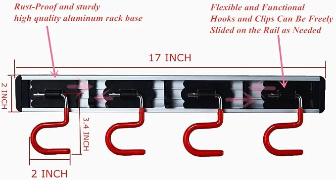 Wall Mounted Mop and Broom Holder Stainless Steel S Type Broom Rack Anti-Slip Mop Organizer (17 Inches,4 Positions 3 Hooks, Red black) (17inch) (Pack of 2) - Image 2