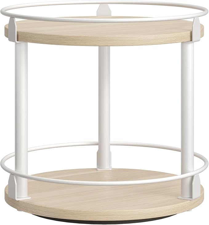 YATINEY Lazy Susan Organizer, Rotating Spice Rack, 2 Tier Spice Turntable Organizer, Industrial Turntable Spice Holder, for Kitchen Countertop, Compact and Versatile, White and Light Oak SR22WG by Yatiney